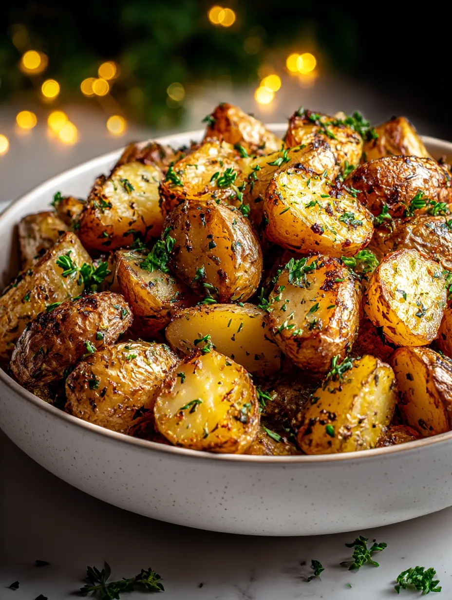 A bowl of potatoes with herbs.
