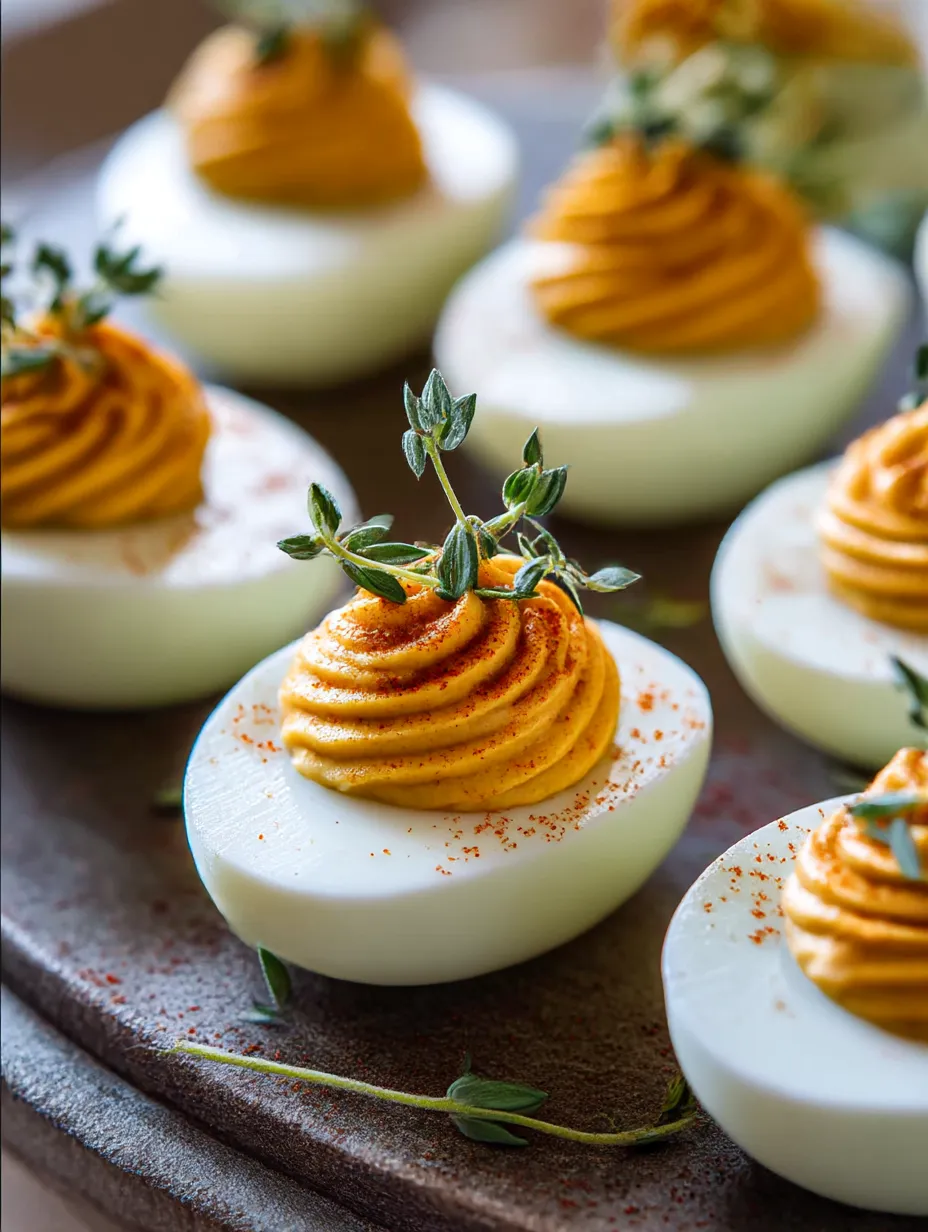 A plate of eggs with orange sauce on top.