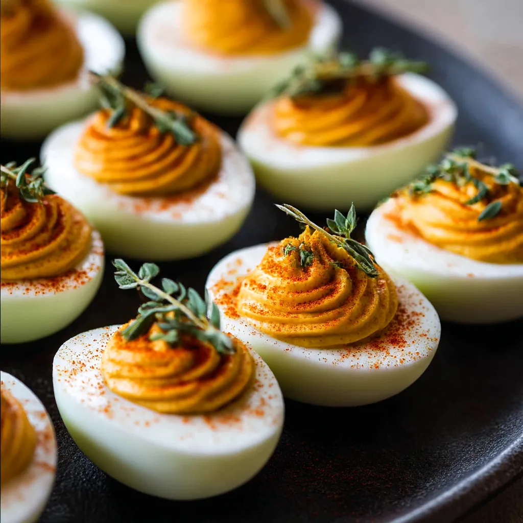 A plate of eggs with orange sauce on top.