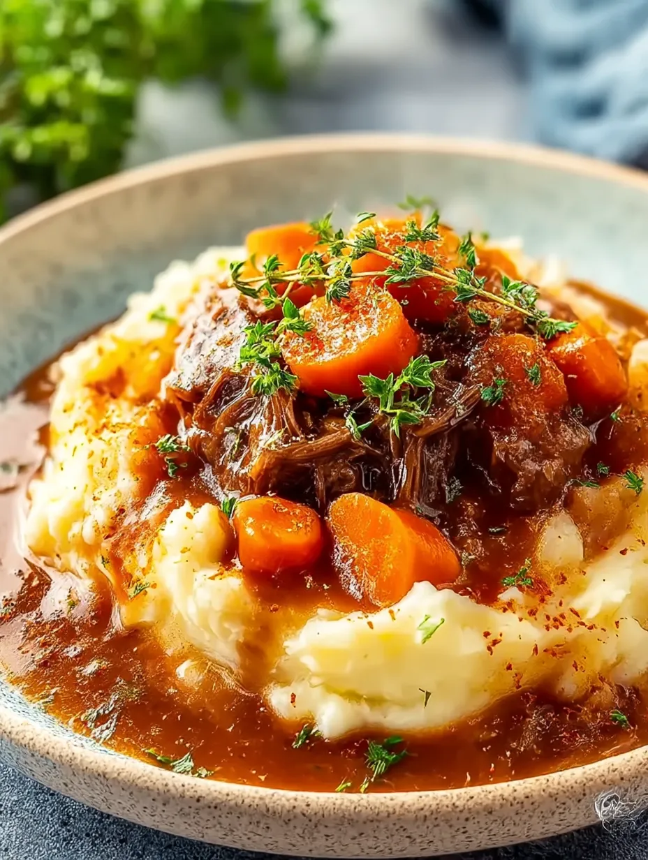 A bowl of mashed potatoes with meat and carrots.