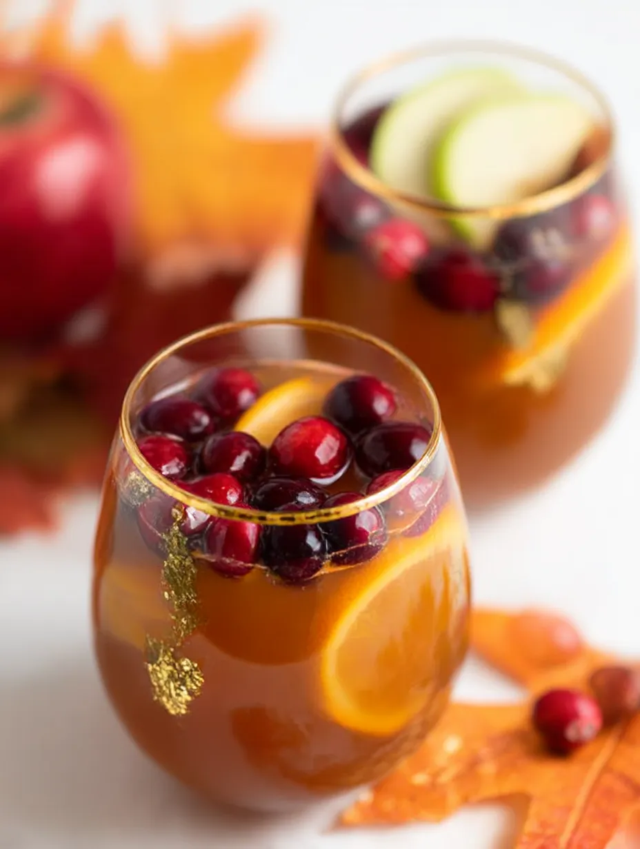 Two glasses of cranberry juice with sliced apples and oranges.