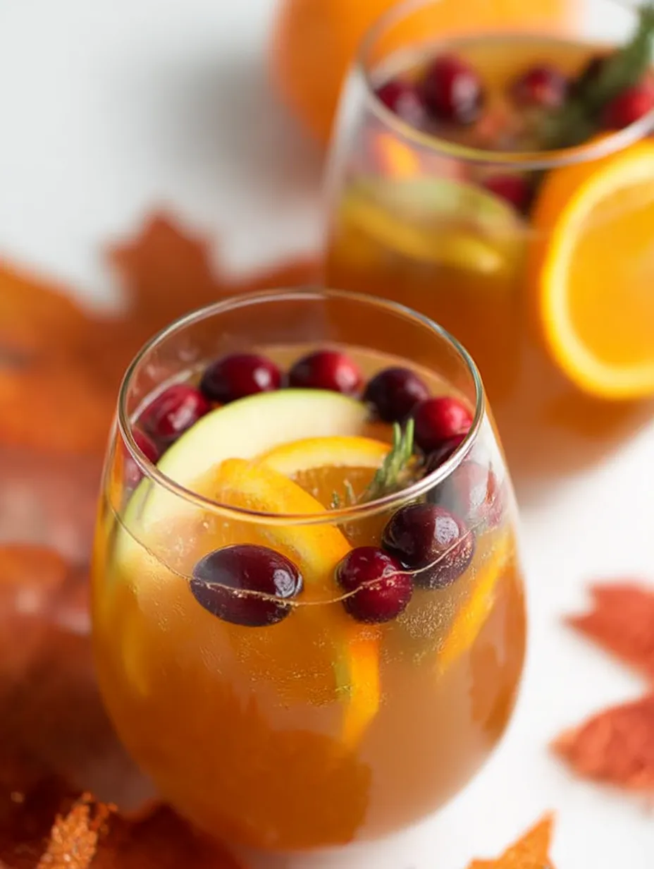 A glass of fruit juice with a slice of orange and a cranberry.
