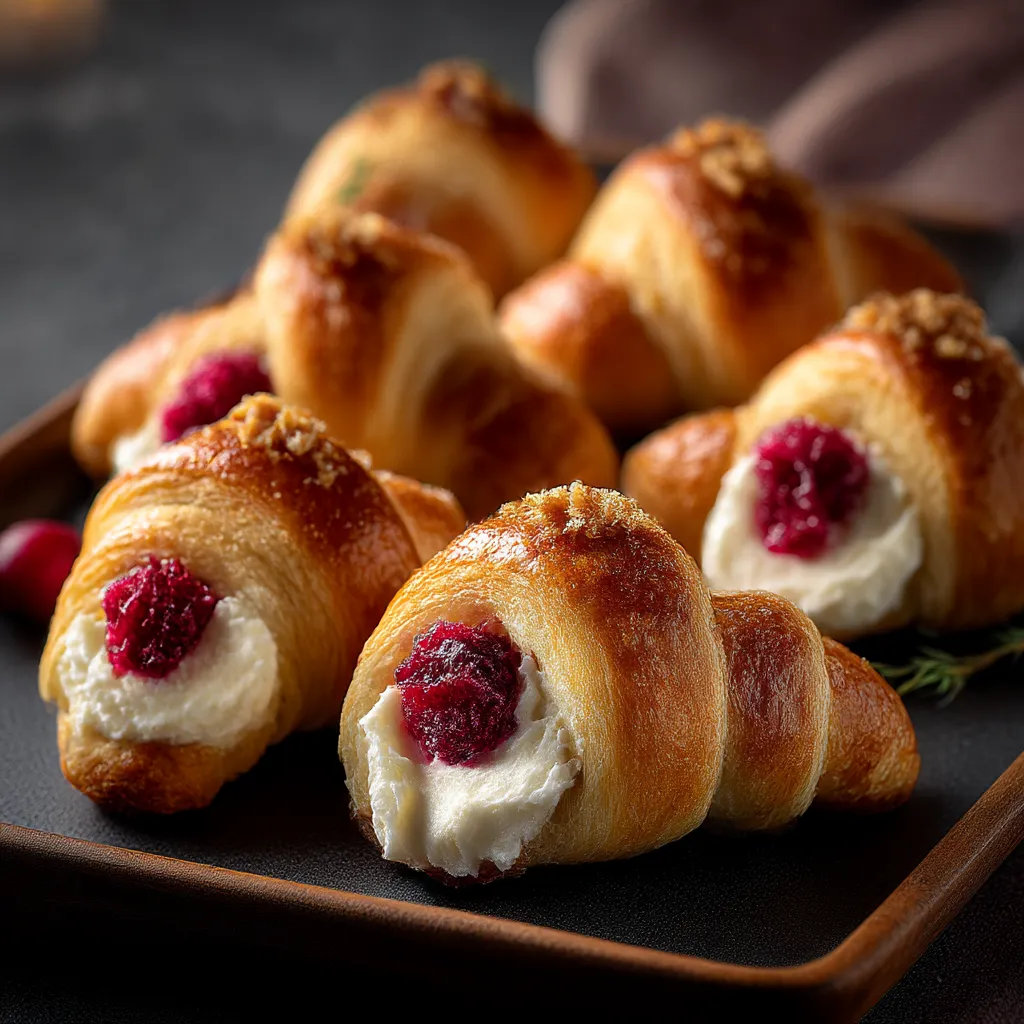 A plate of croissants with raspberries on top.
