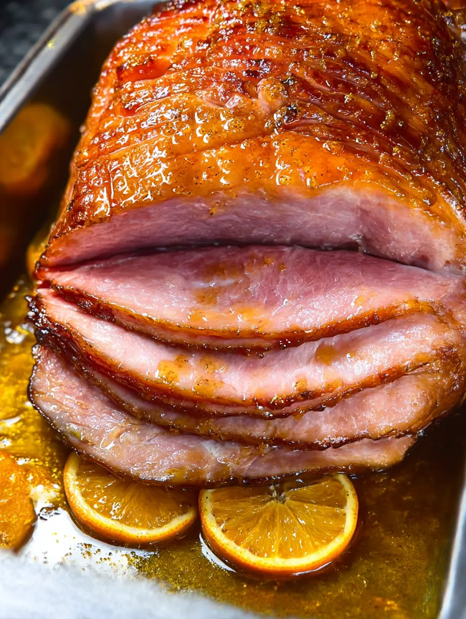 A ham is in a pan with a slice of orange on top.
