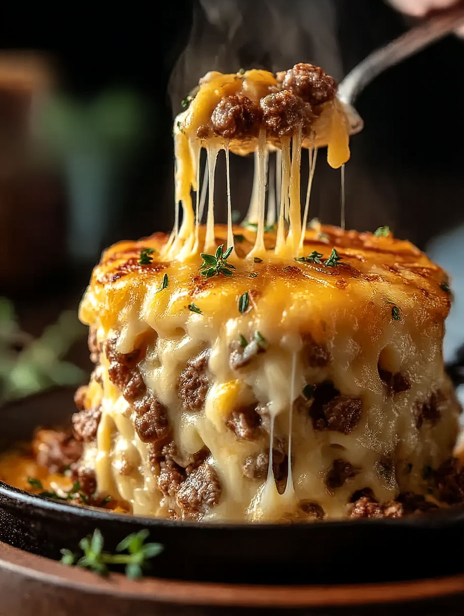 A close up of a cheesy casserole.