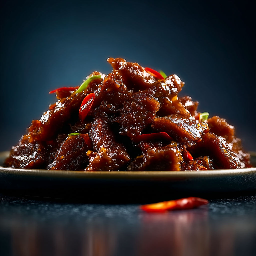 A plate of meat with peppers on top.