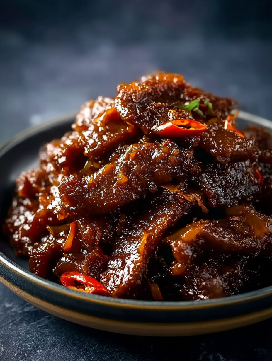 A bowl of meat with peppers.