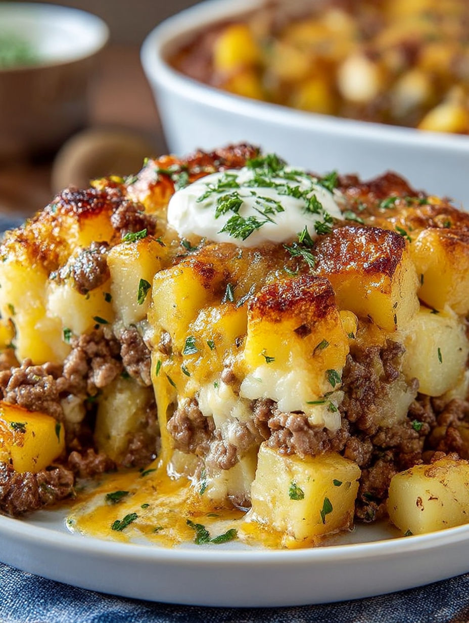 A dish of food with a white sauce on top.