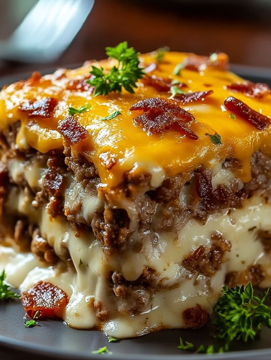 A close up of a casserole dish with cheese and bacon.