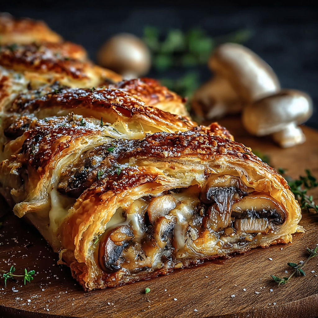 A pastry with mushrooms and cheese on a wooden table.
