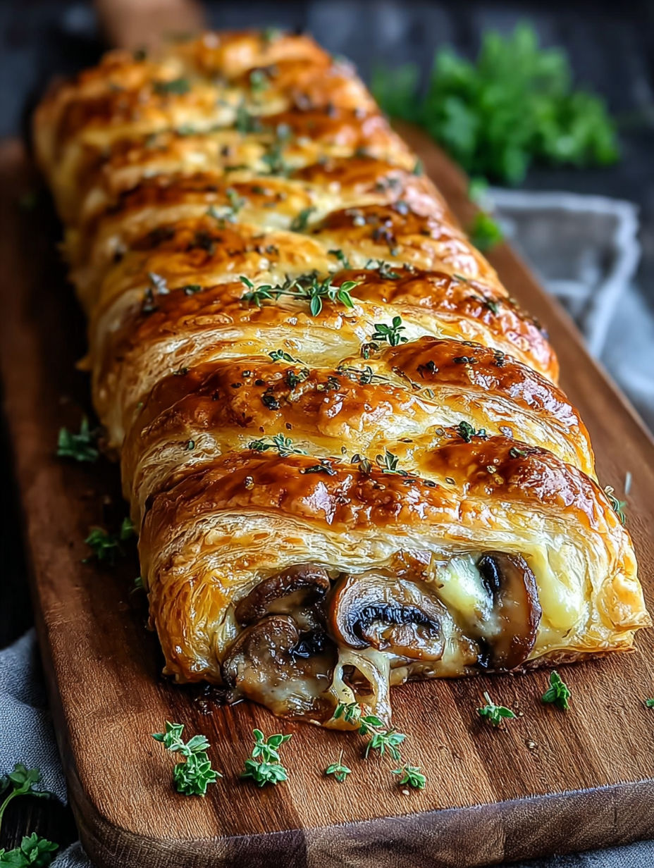 A long pastry with mushrooms and herbs on it.