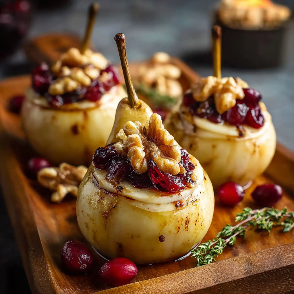 Three apples with walnuts on a wooden tray.
