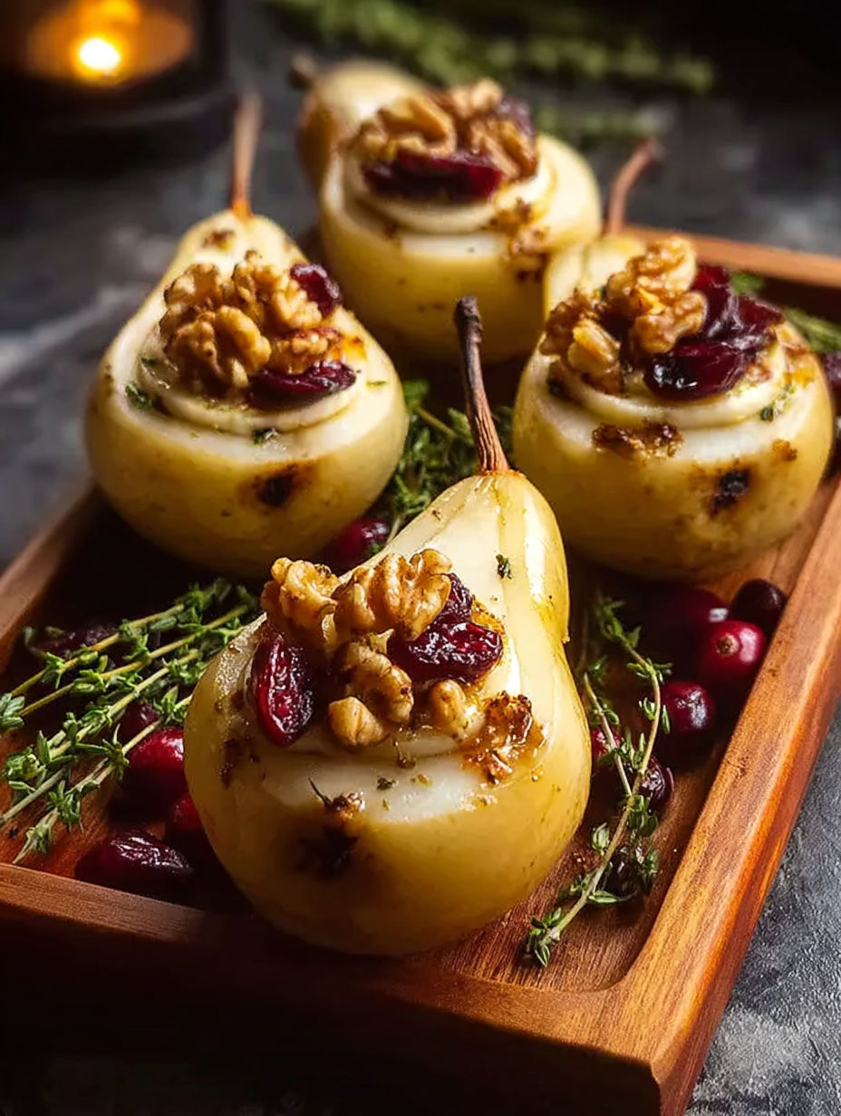 A wooden platter with four pears wrapped in bacon and topped with walnuts.