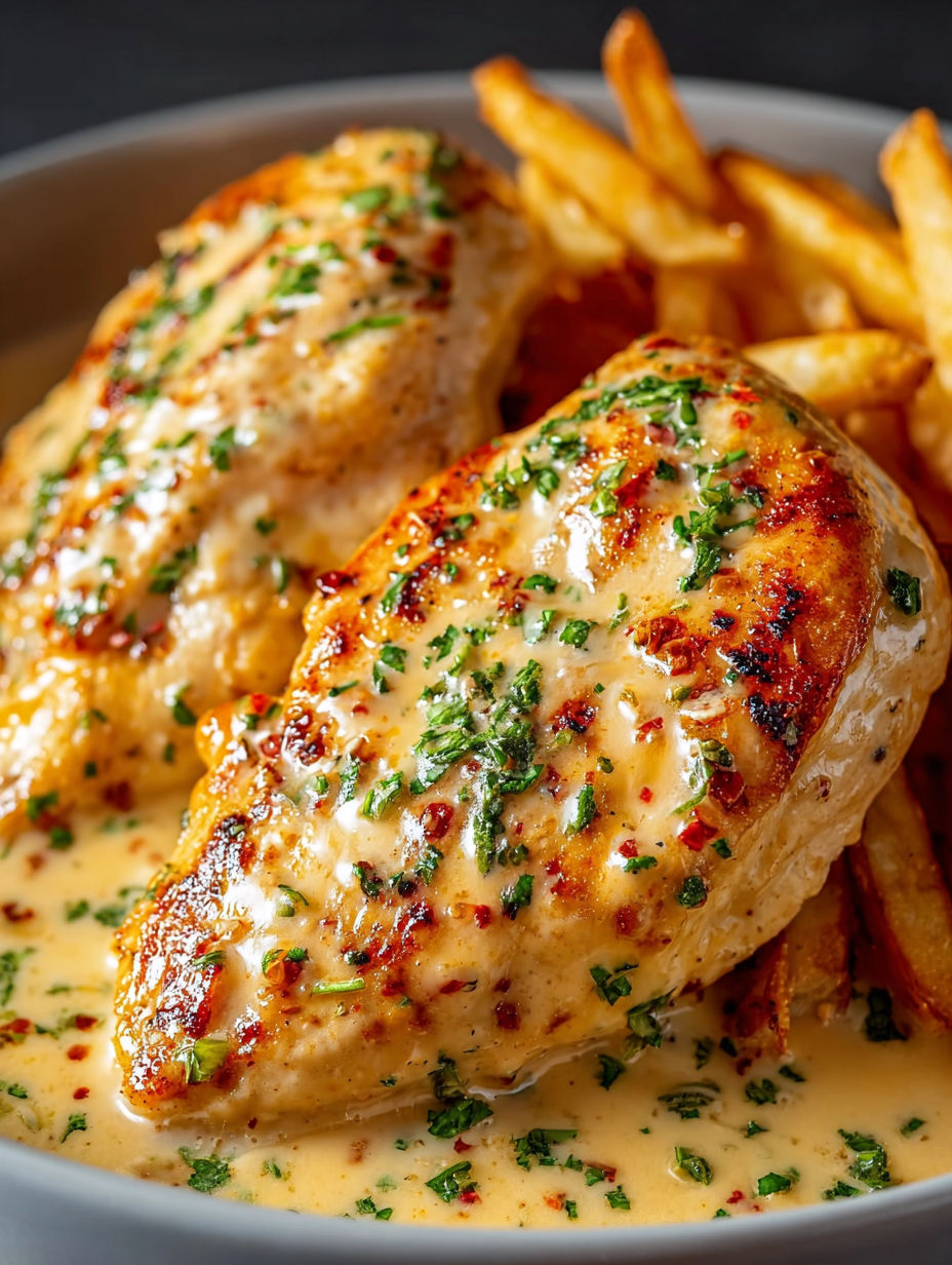 A piece of chicken with herbs and sauce.