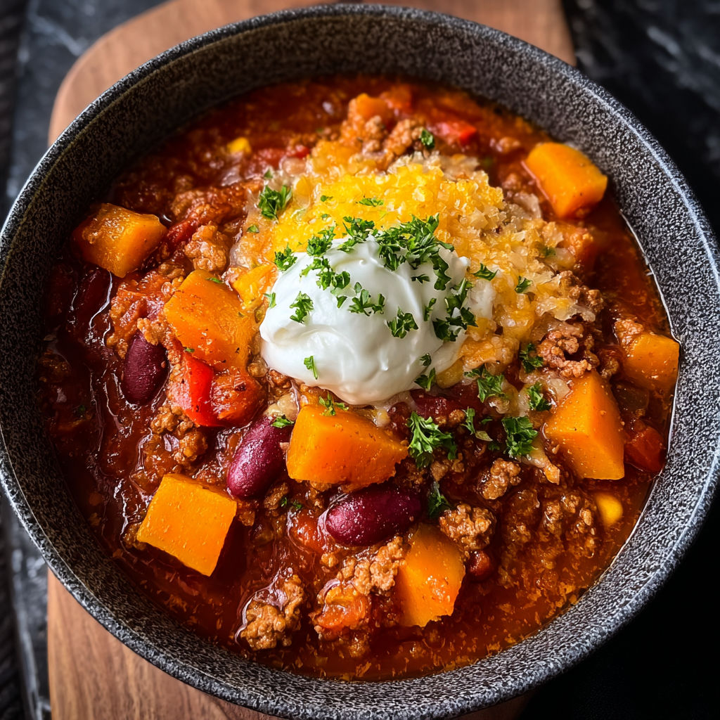 A bowl of chili with a dollop of sour cream on top.