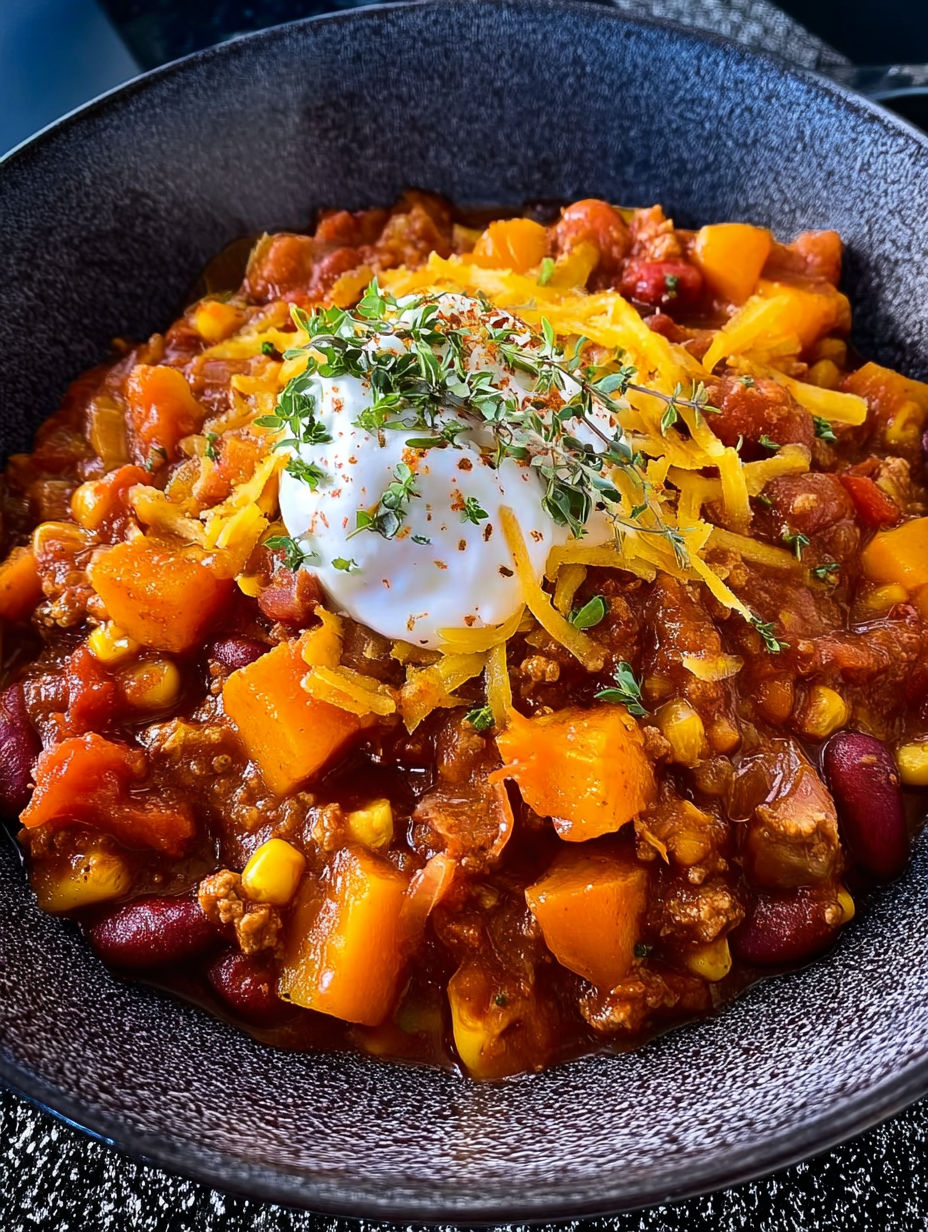 A bowl of chili with cheese and chives on top.