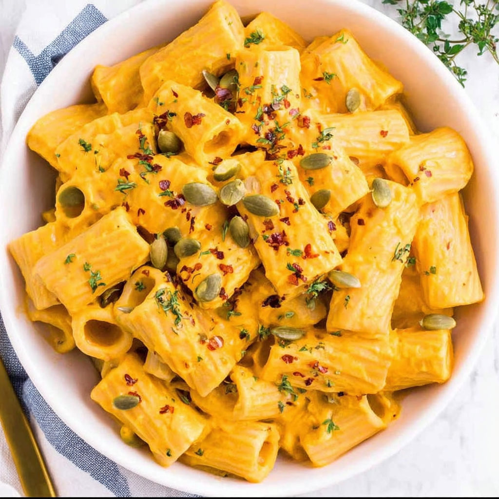 A bowl of pasta with a pumpkin seed on top.