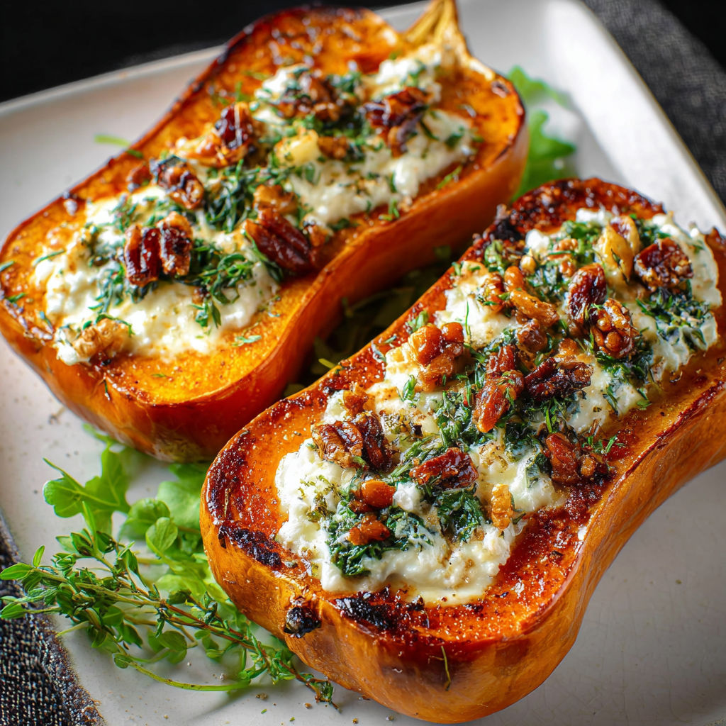 Two sliced roasted sweet potatoes with cheese and herbs.
