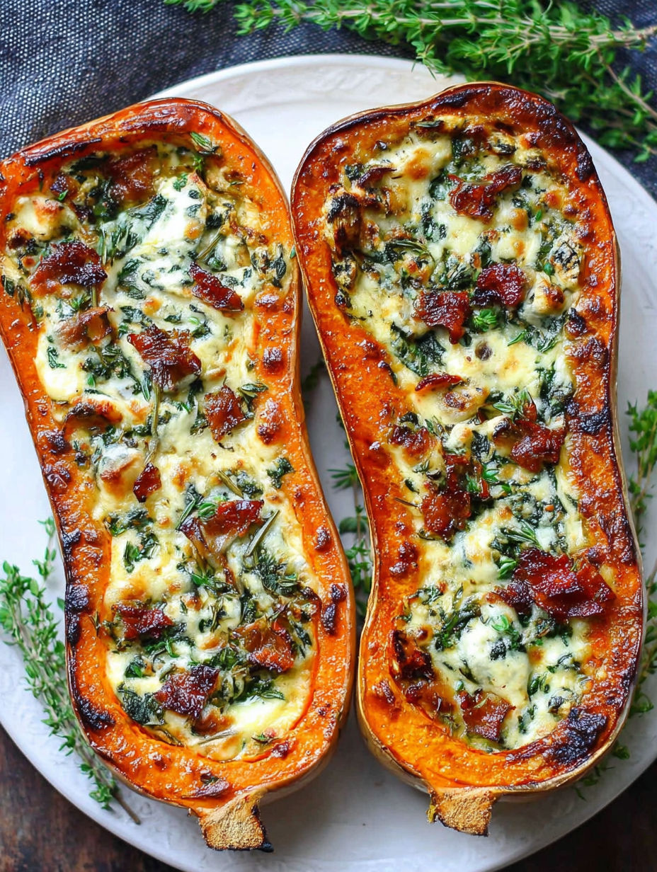 Two slices of a stuffed squash on a plate.