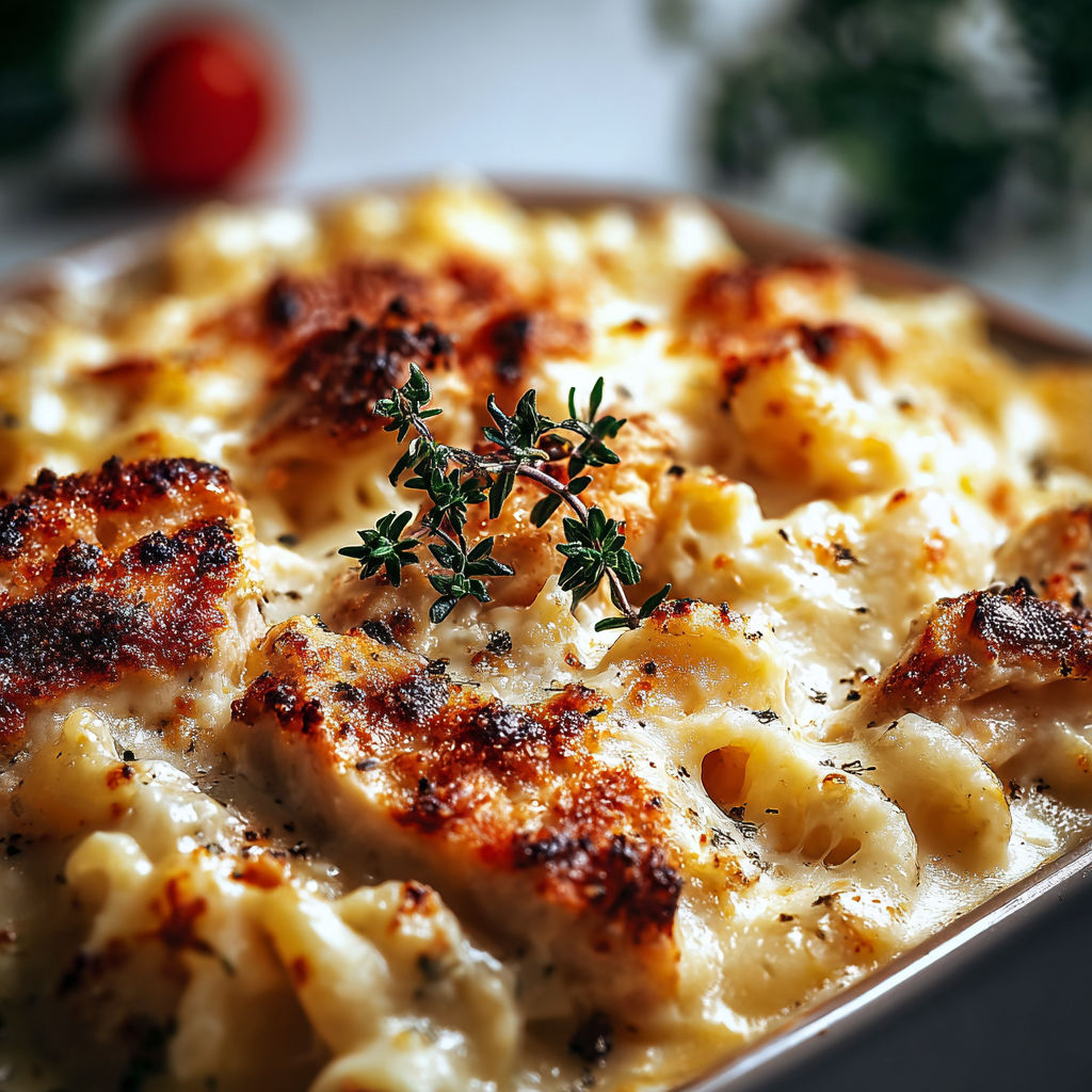 A dish of macaroni and cheese with a sprig of parsley on top.