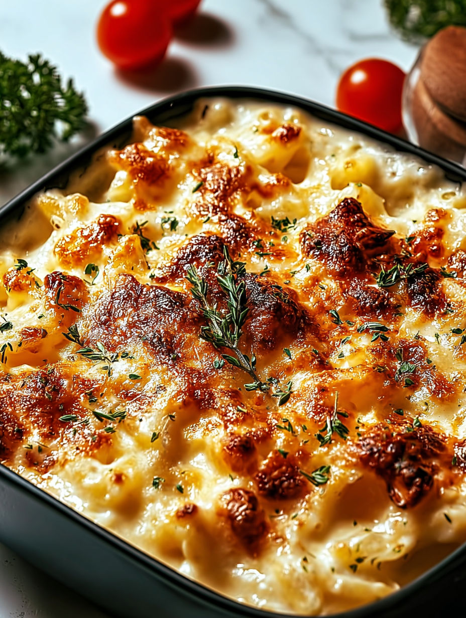 A dish of macaroni and cheese with a sprig of parsley on top.
