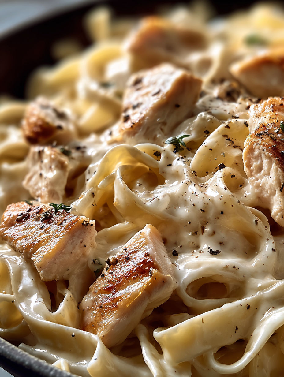 A plate of pasta with chicken and cheese.