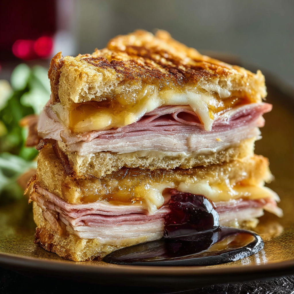 A sandwich with cheese and jelly on a plate.