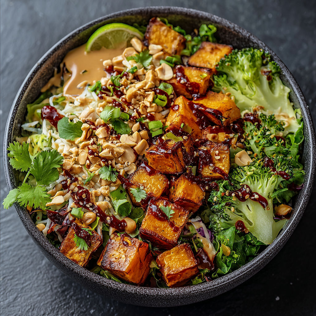 A bowl of food with broccoli, carrots, and other vegetables.