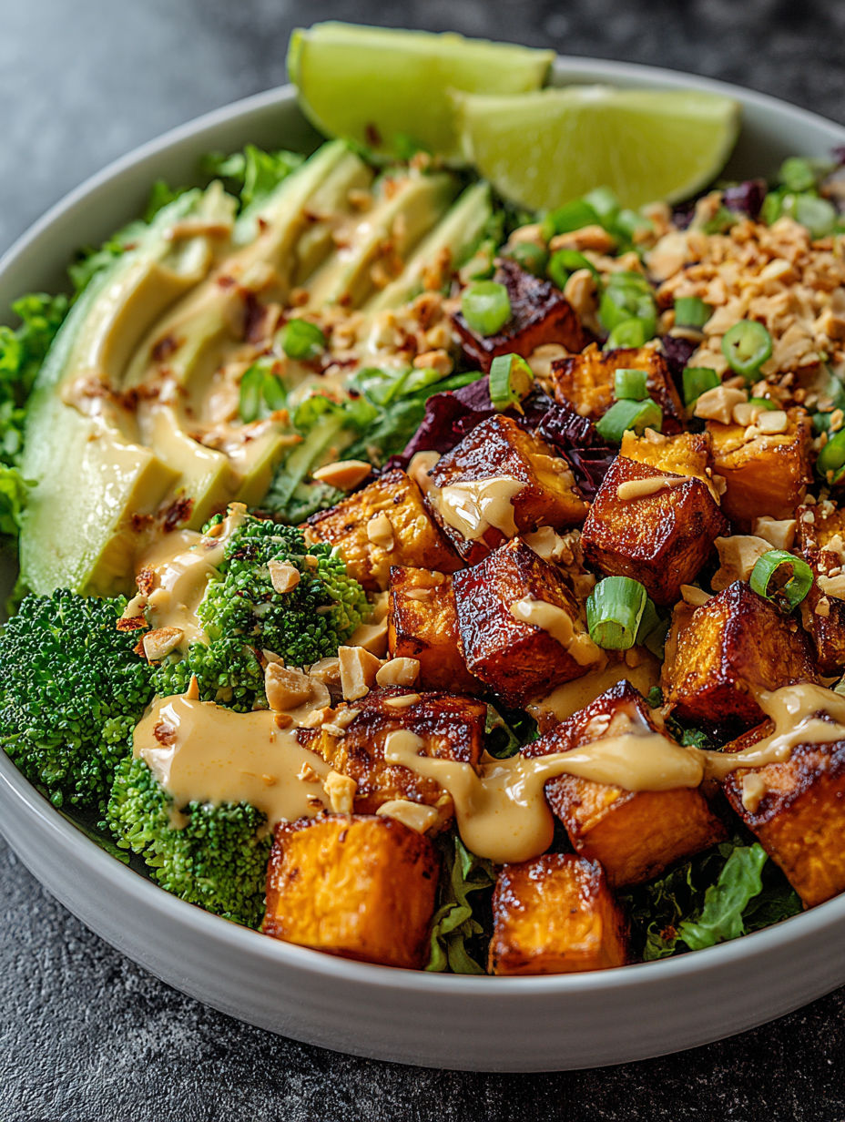 A bowl of food with broccoli, avocado, and nuts.