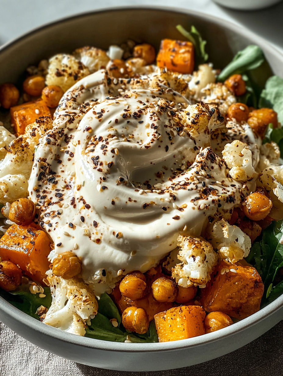 A bowl of food with a white sauce and vegetables.