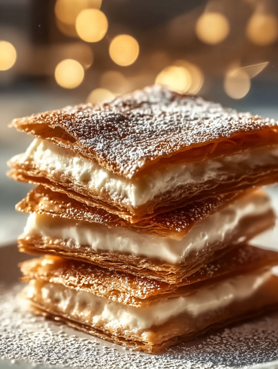 A stack of pastry with powdered sugar on top.