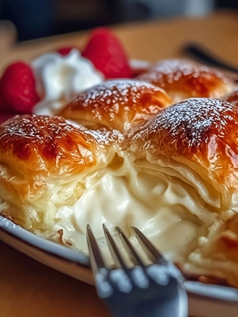 A fork is stuck in a pastry.