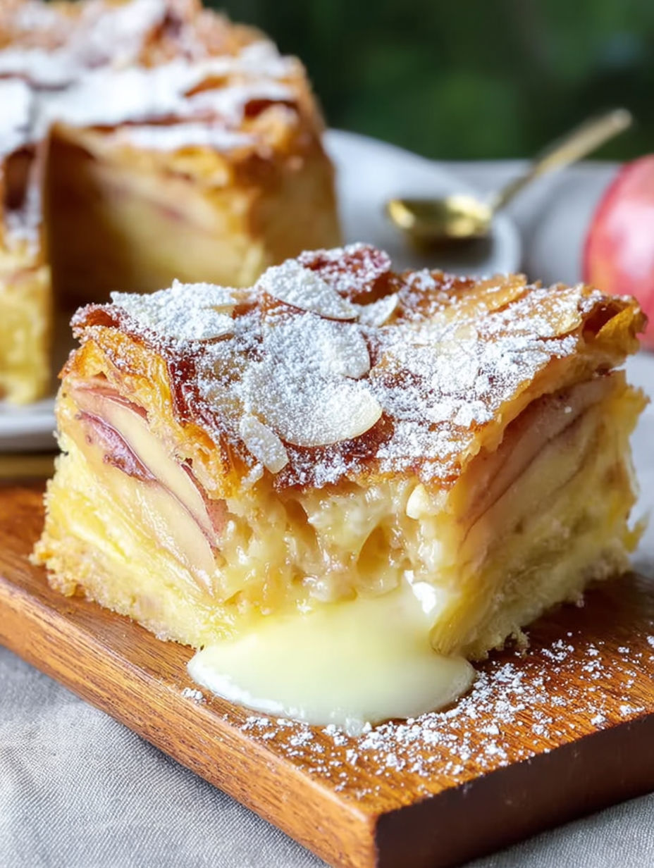 A slice of cake with powdered sugar on top.
