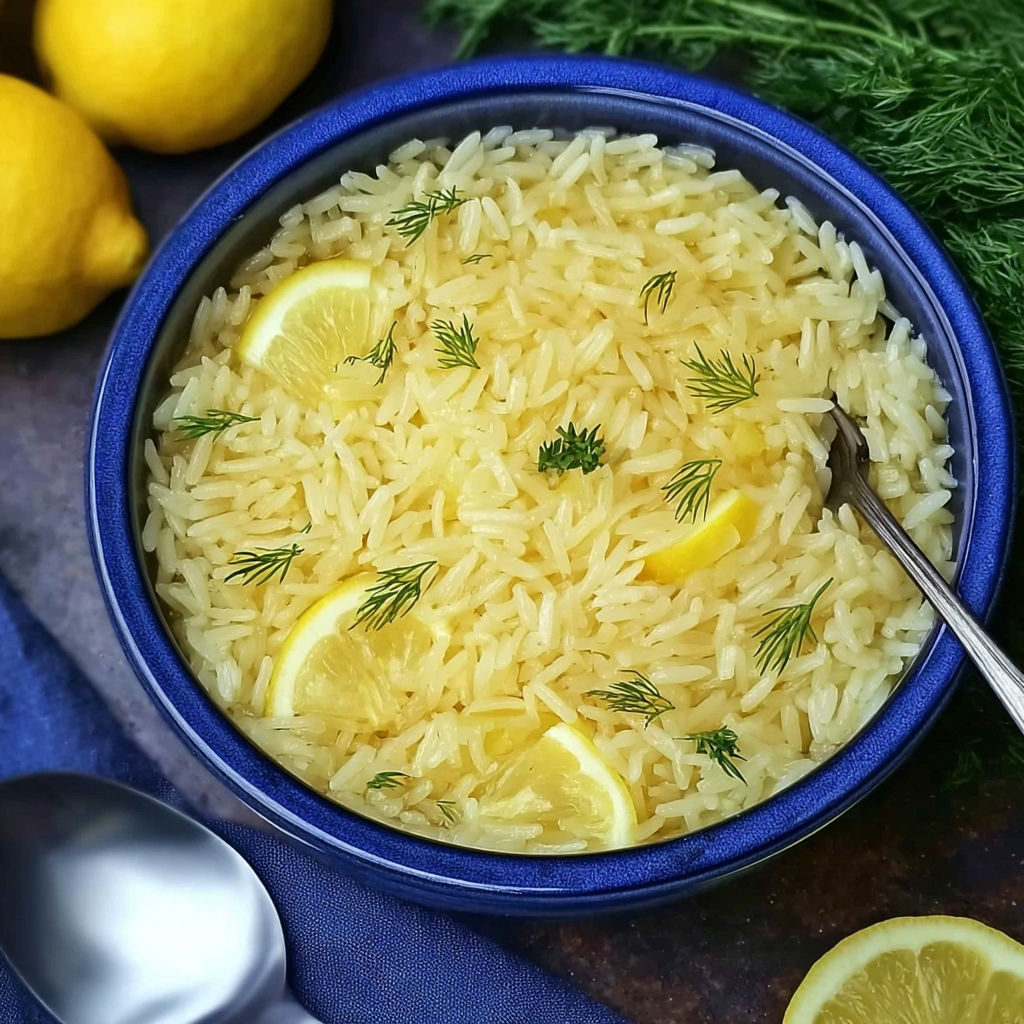 A bowl of rice with lemon and herbs.