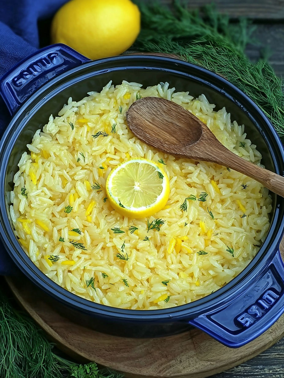 A bowl of rice with a lemon wedge on top.