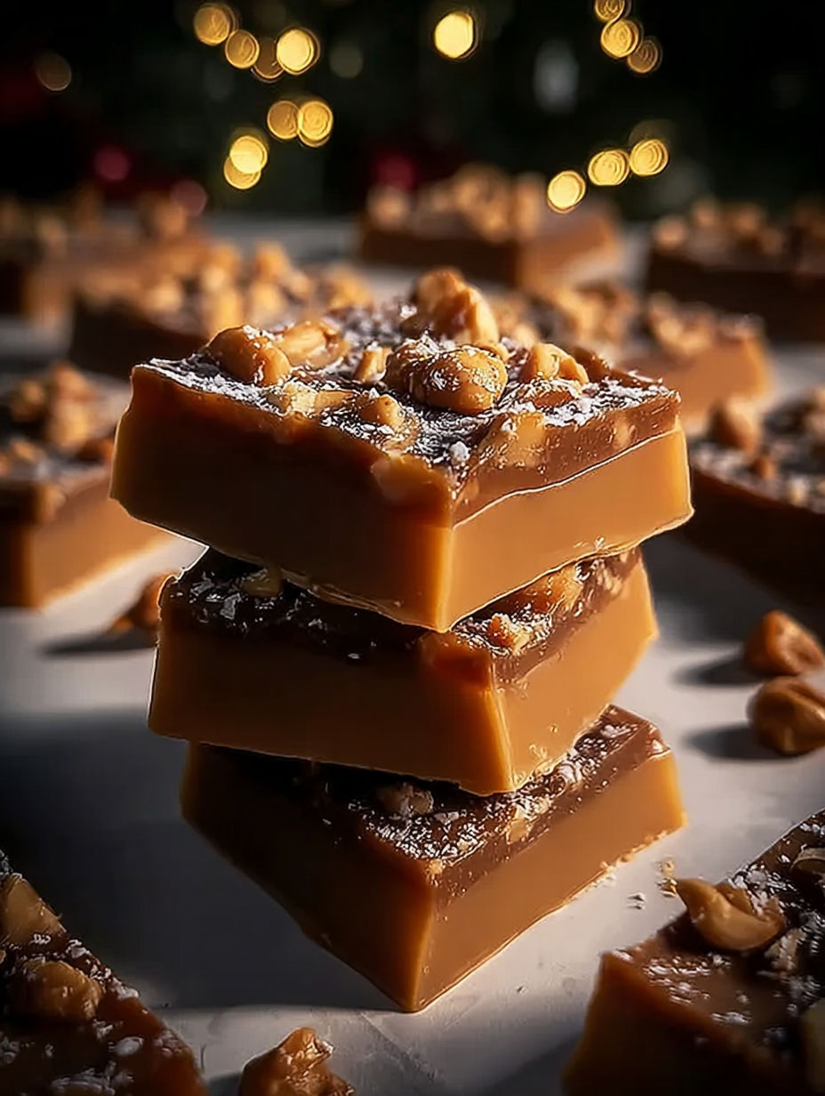 A stack of brownies with nuts on top.