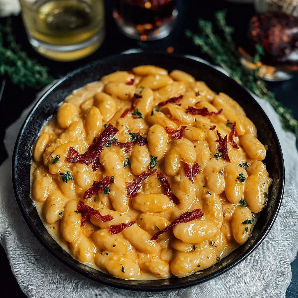A bowl of macaroni and cheese with red peppers.