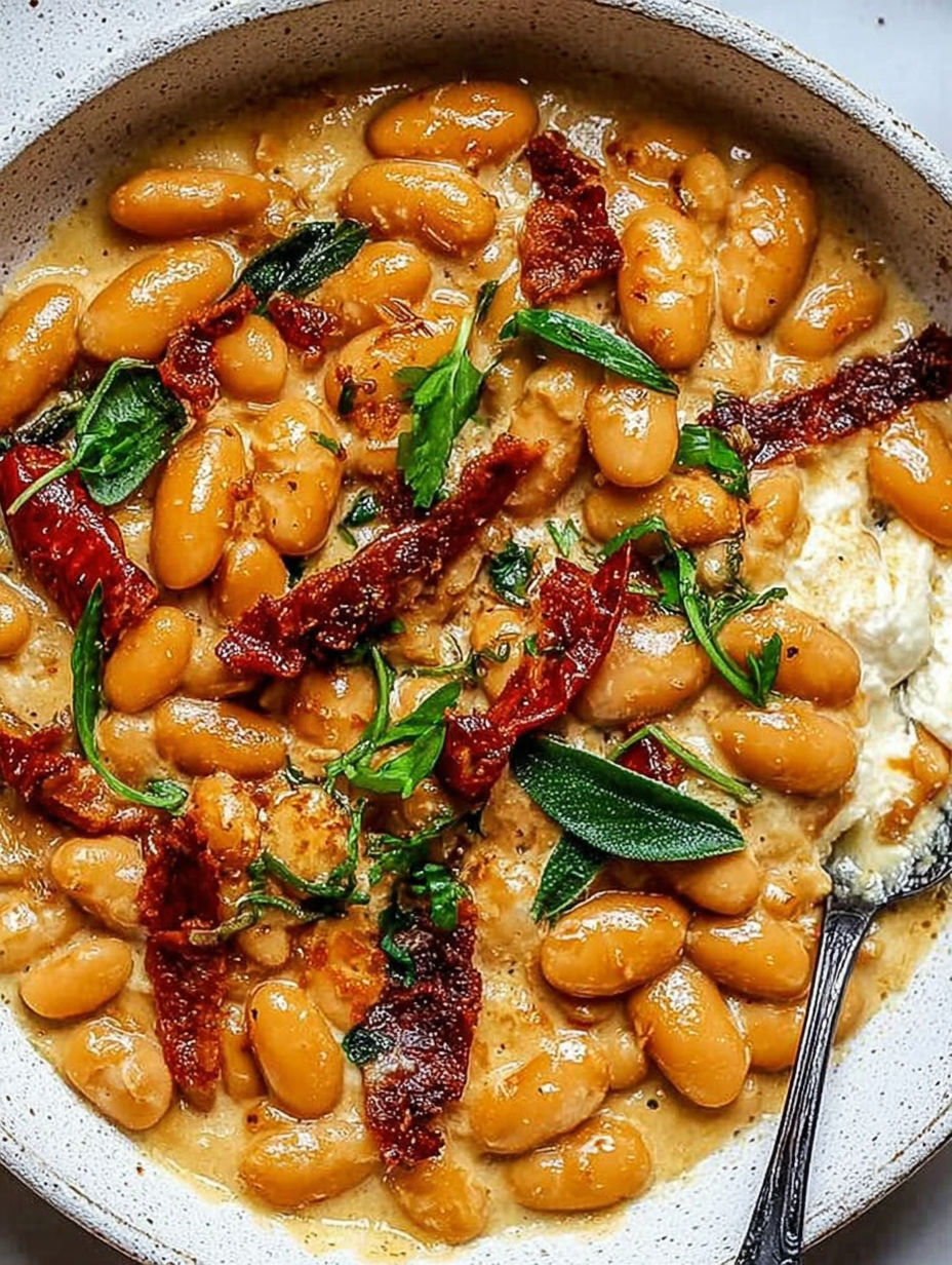 A bowl of food with beans, bacon, and cheese.