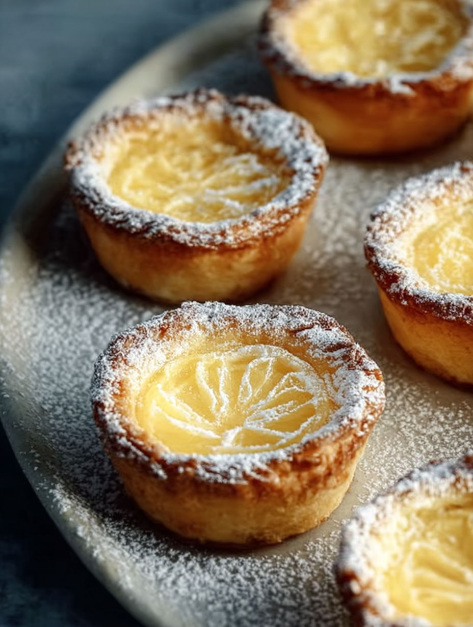 A plate of pastries with powdered sugar on top.
