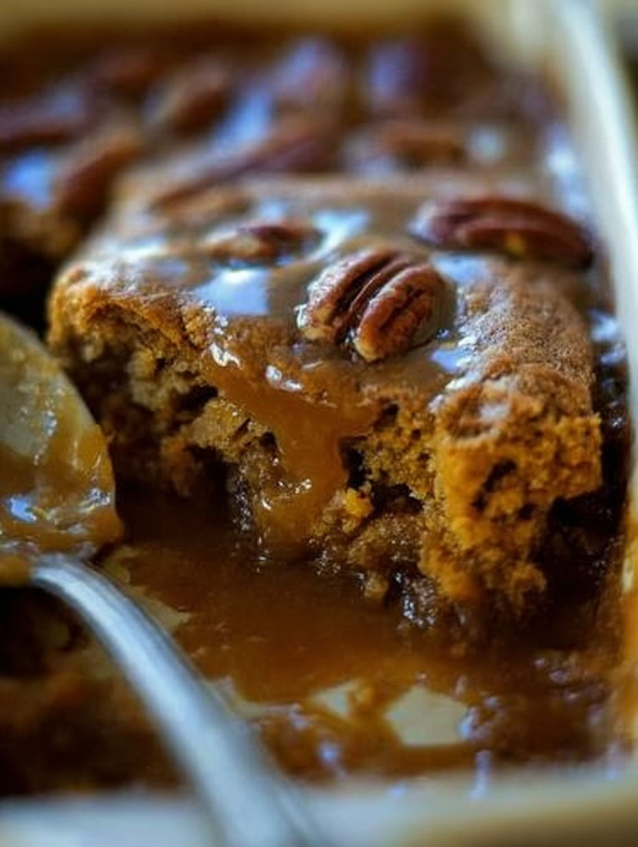 A slice of pecan pie with caramel drizzled on top.
