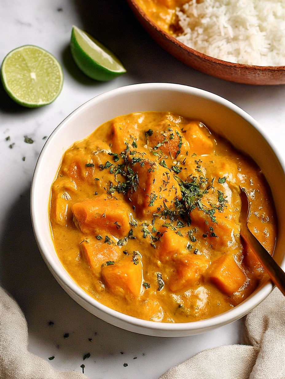 A bowl of soup with a spoon in it.