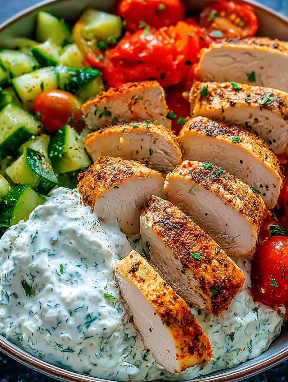 A plate of food with chicken, tomatoes, cucumbers, and a dip.