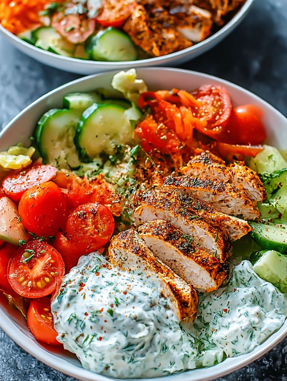 A bowl of food with chicken, tomatoes, cucumbers, and lettuce.