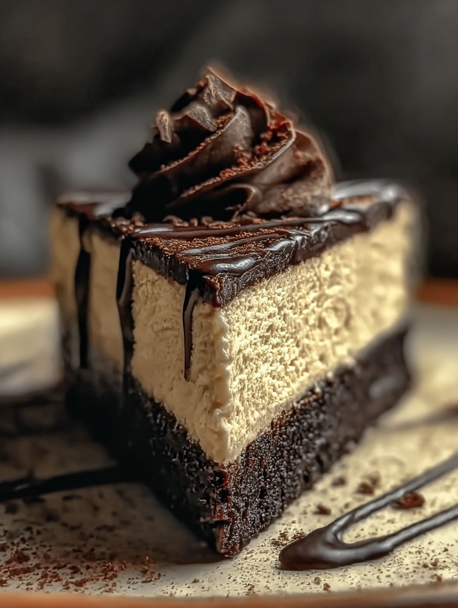 A slice of chocolate cake with a chocolate drizzle.