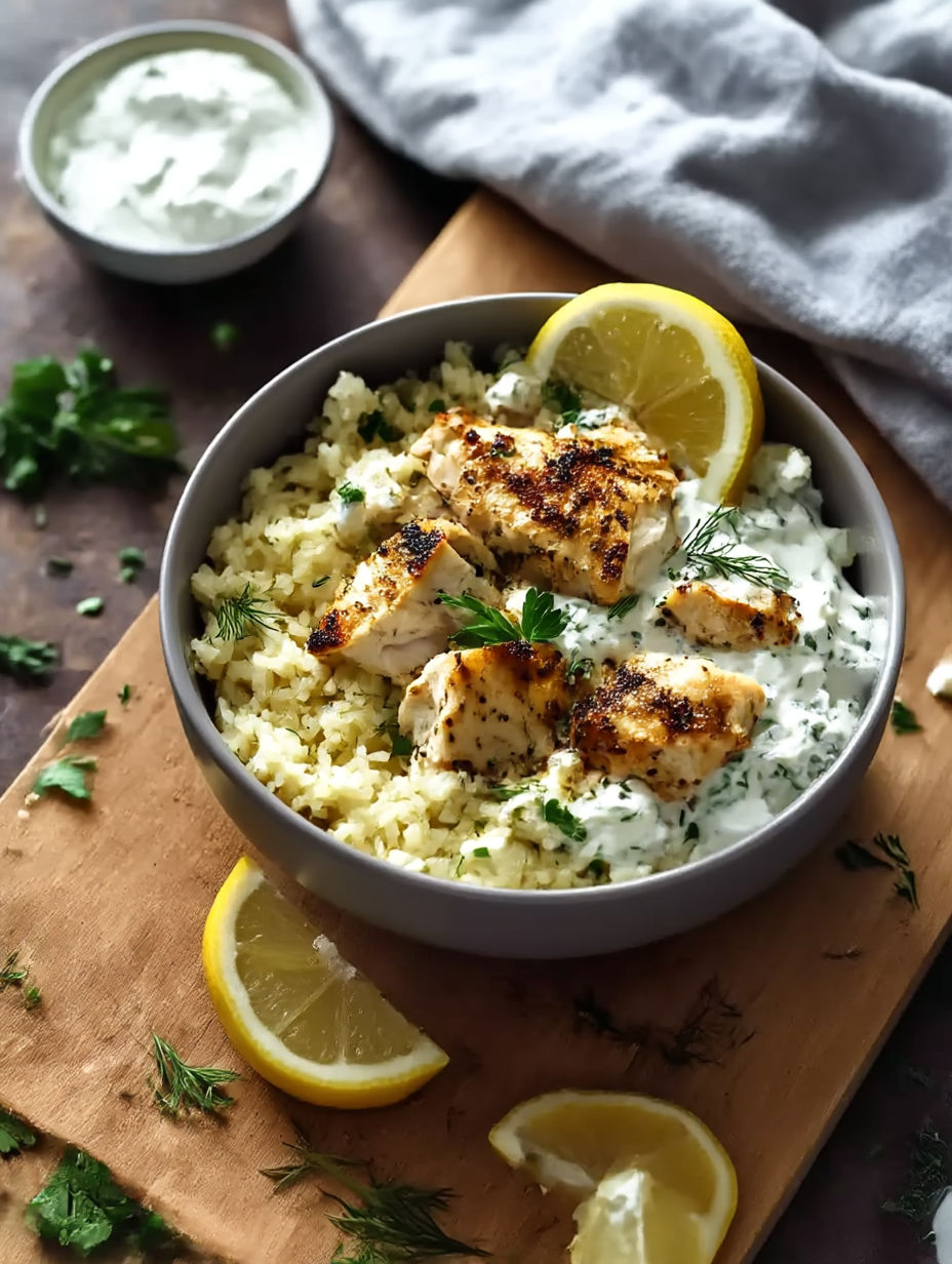 A bowl of rice with chicken and lemon.