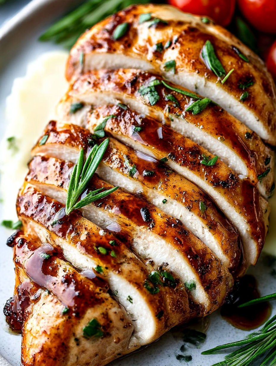 A piece of meat with a green herb on top.