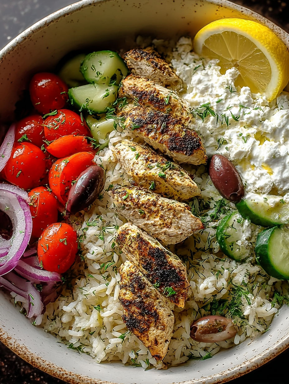A bowl of food with rice, tomatoes, cucumbers, and chicken.