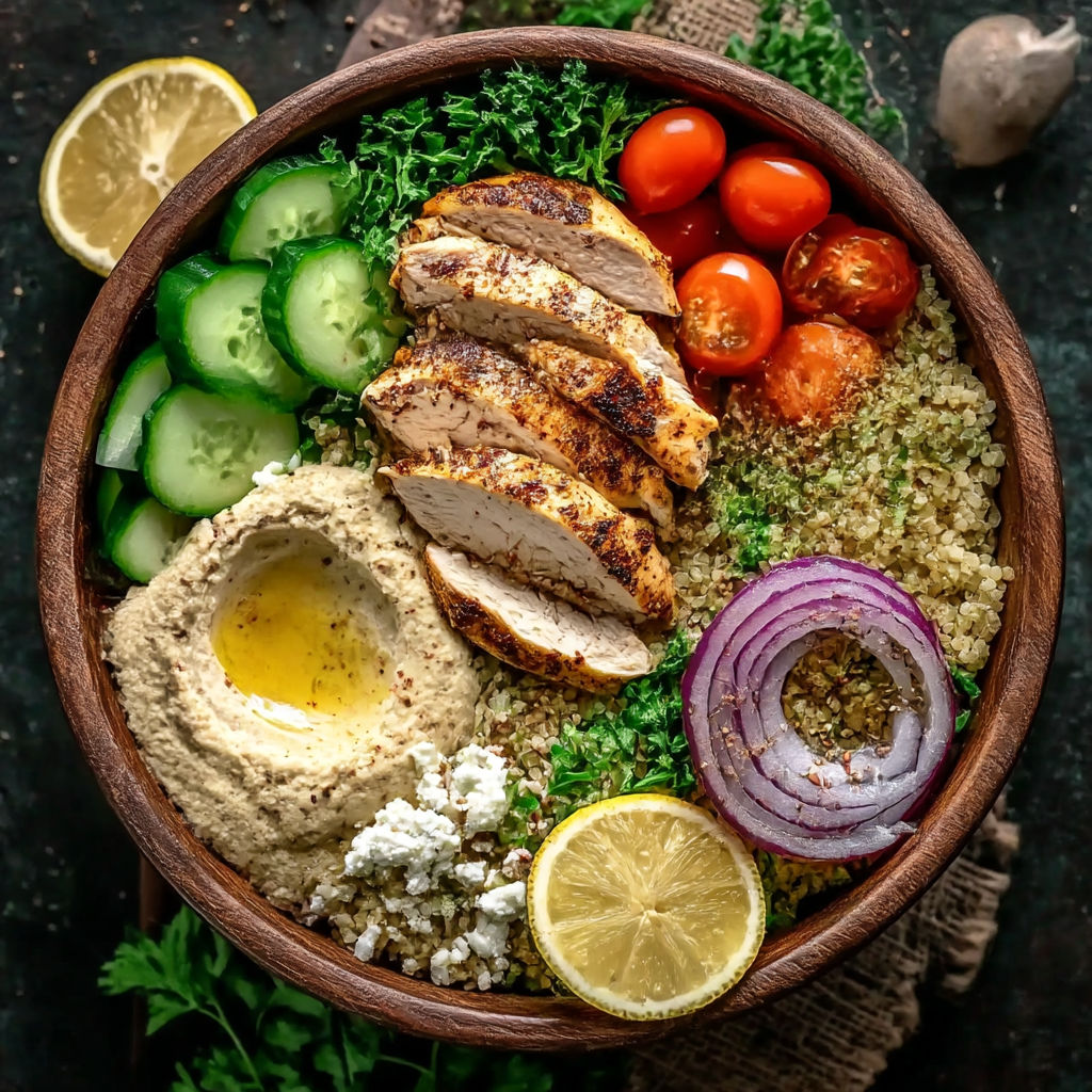 A bowl of food with chicken, tomatoes, onions, and cucumbers.