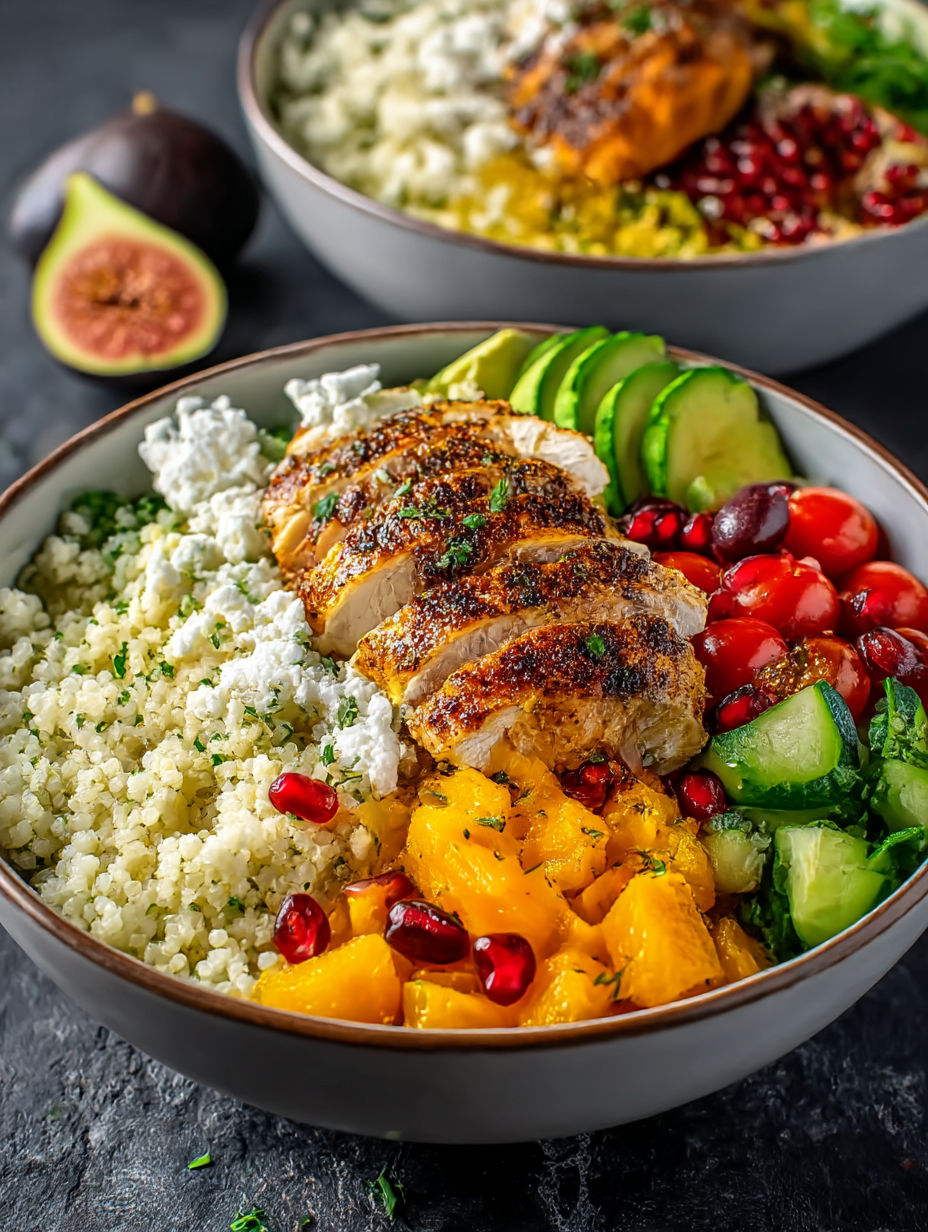 A bowl of food with chicken, rice, and vegetables.
