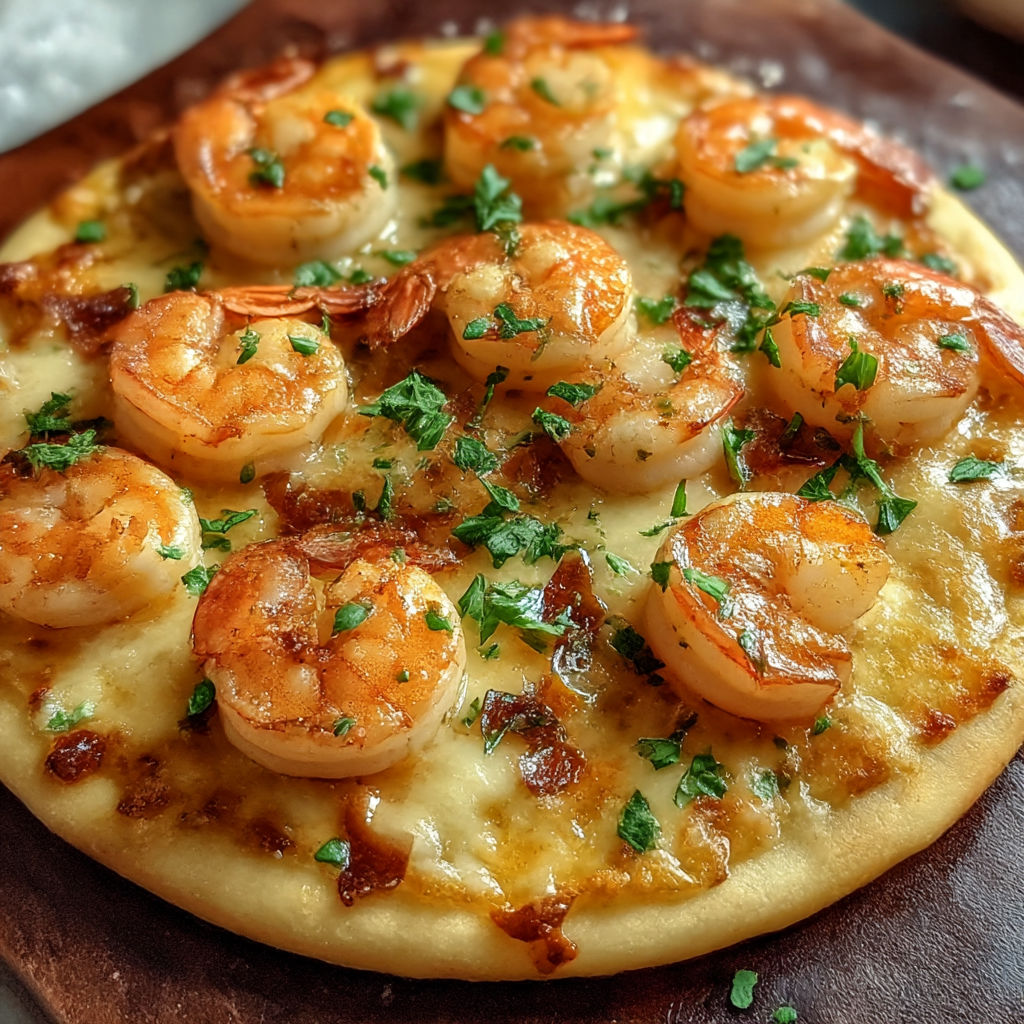 A pizza with shrimp and cheese on top.